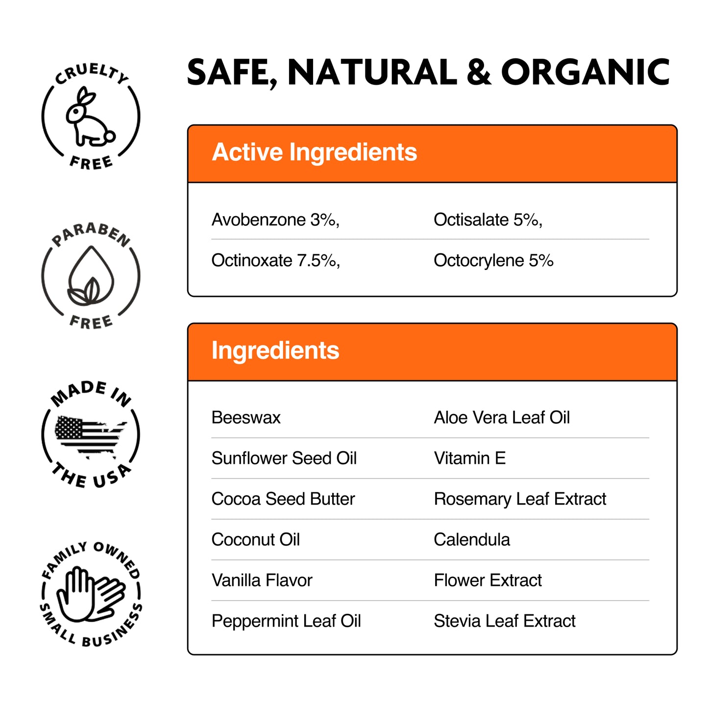 Product label with active ingredients, ingredients list, and certification logos on a white background.