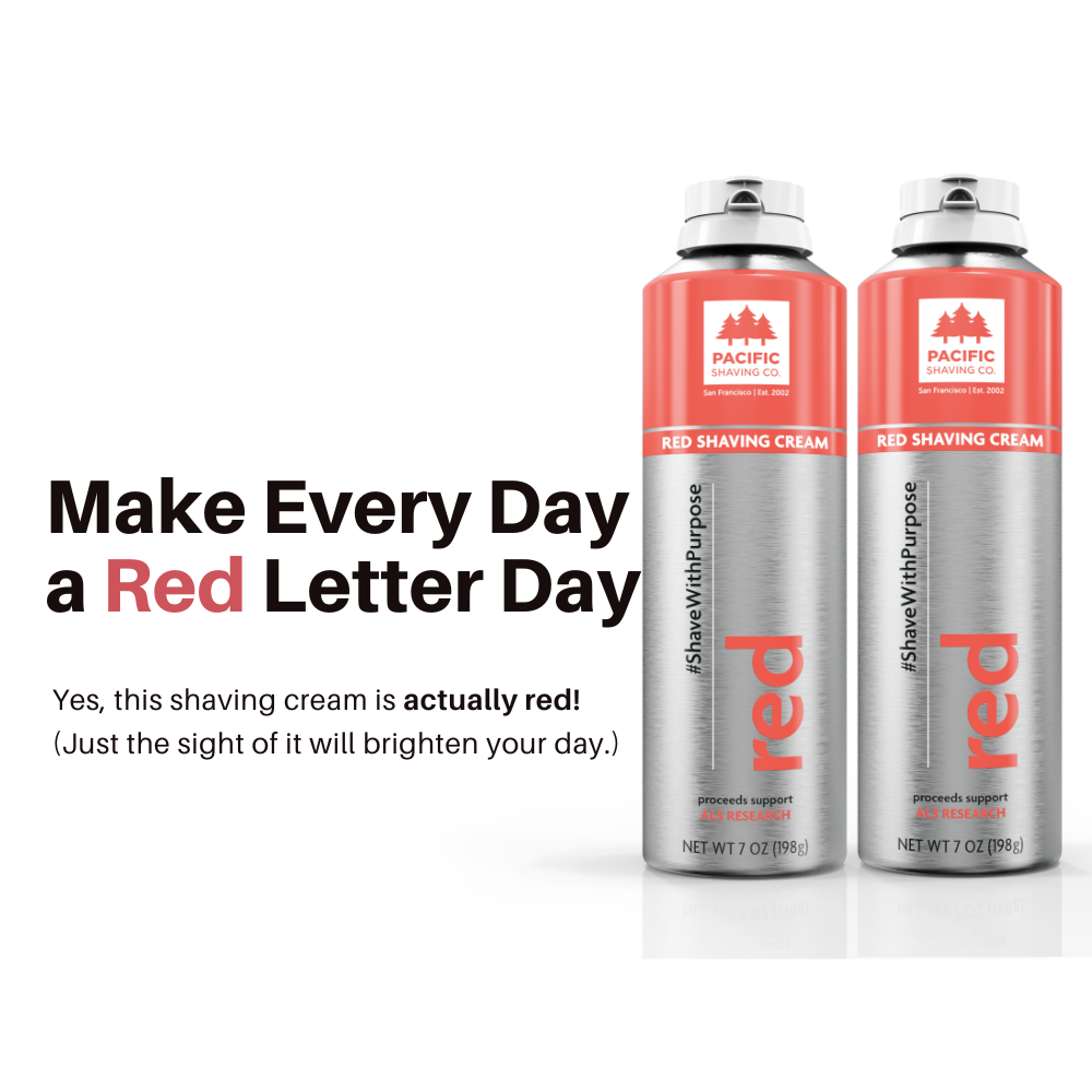 Two bottles of red shaving cream with text highlighting its color and benefits.