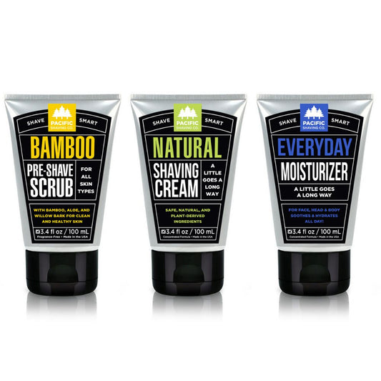 Three Item Shave Regimen: Bamboo Pre-Shave Scrub, Natural Shaving Cream, Everyday Moisturizer