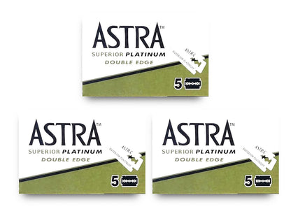 Three packages of Astra Superior Platinum double edge razors on a white background
