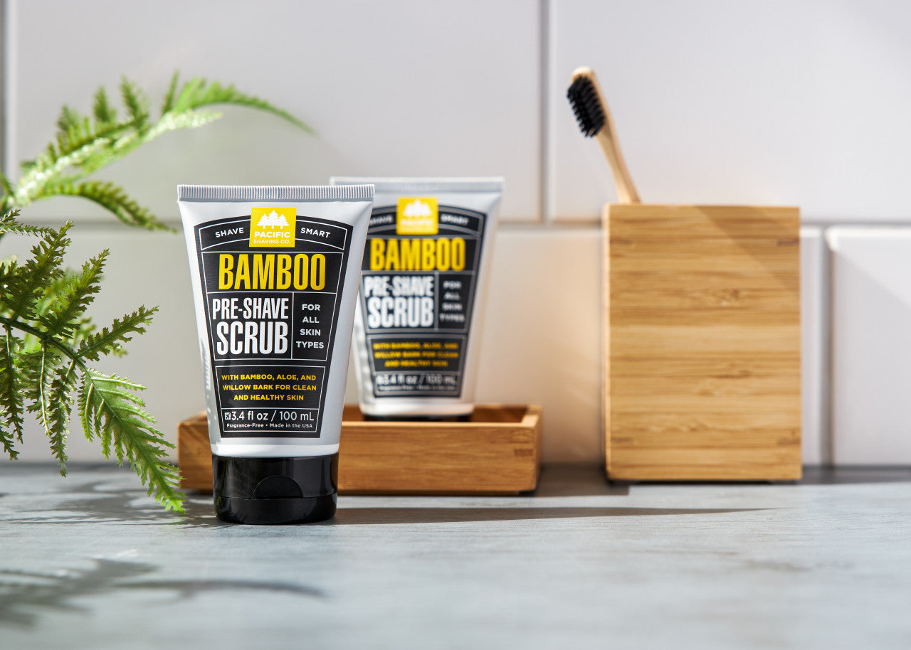 Bamboo Pre-Shave Scrub by Pacific Shaving Company. Exceptionally clean skin prepares your face for an exceptionally smooth shave. Now, with our Bamboo Pre-Shave Scrub, you can remove dead skin cells, clean, and moisturize in one simple step. Gentle enough to use every day, its unique blend of safe and natural ingredients - including bamboo, willow bark, and aloe - is ideal for all skin types.