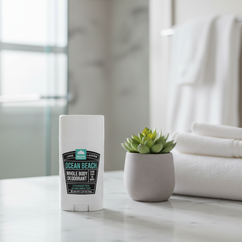 Deodorant stick on a marble surface with a potted plant and towels in the background