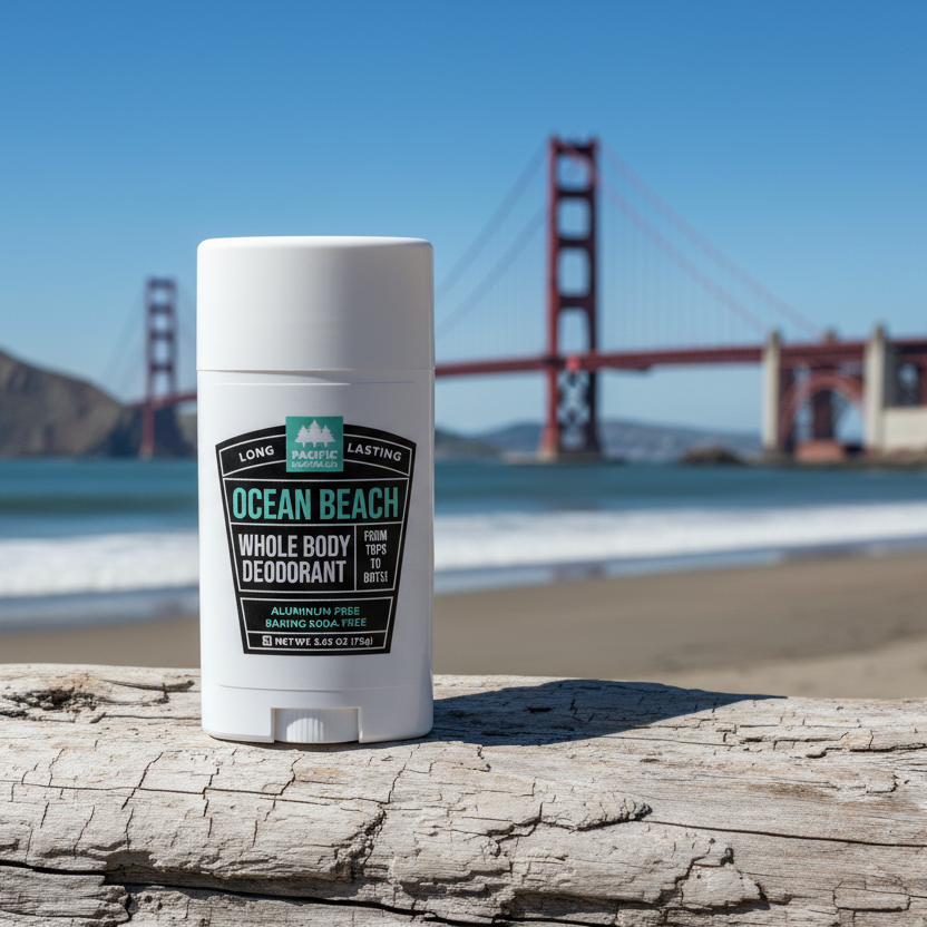 Ocean Beach Whole Body  Deodorant on San Francisco Shore with Bridge in background