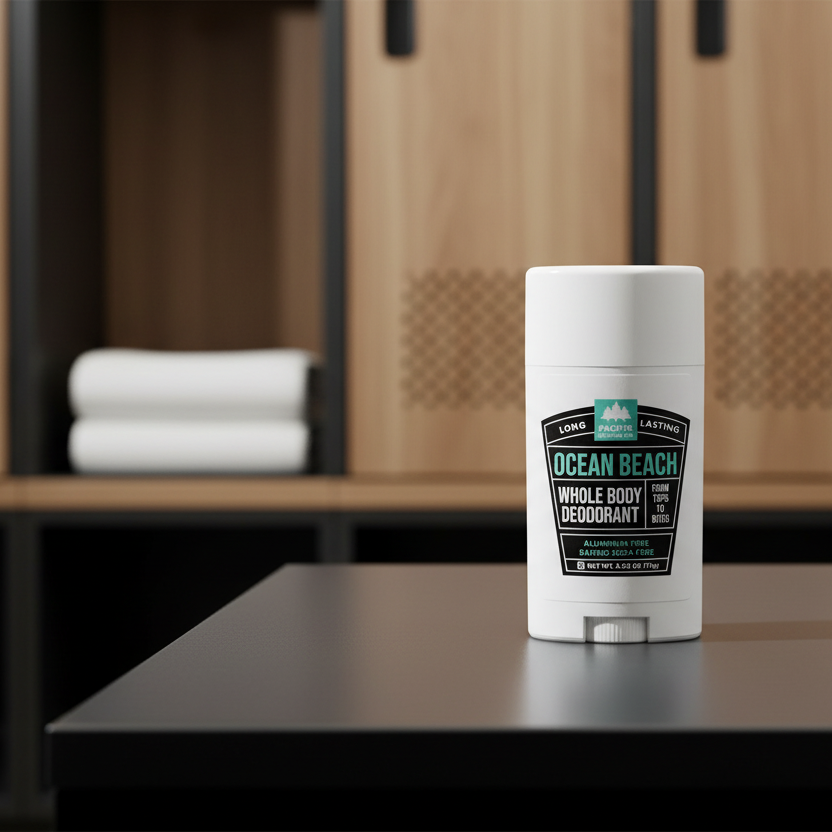 Ocean Beach deodorant stick on a bench with a blurred background