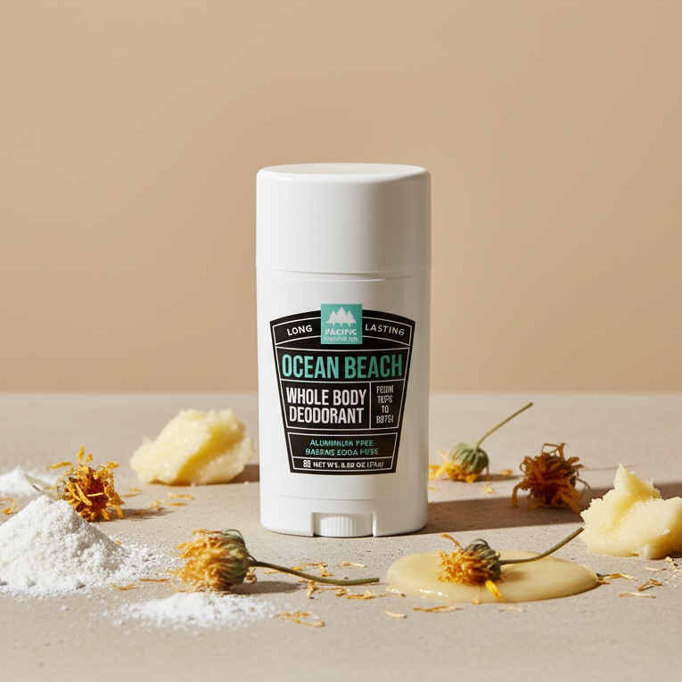 Ocean Beach deodorant stick with natural elements on a beige background