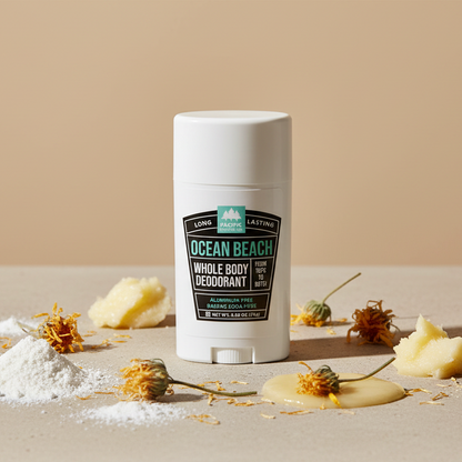 Ocean Beach deodorant stick with natural elements on a beige background