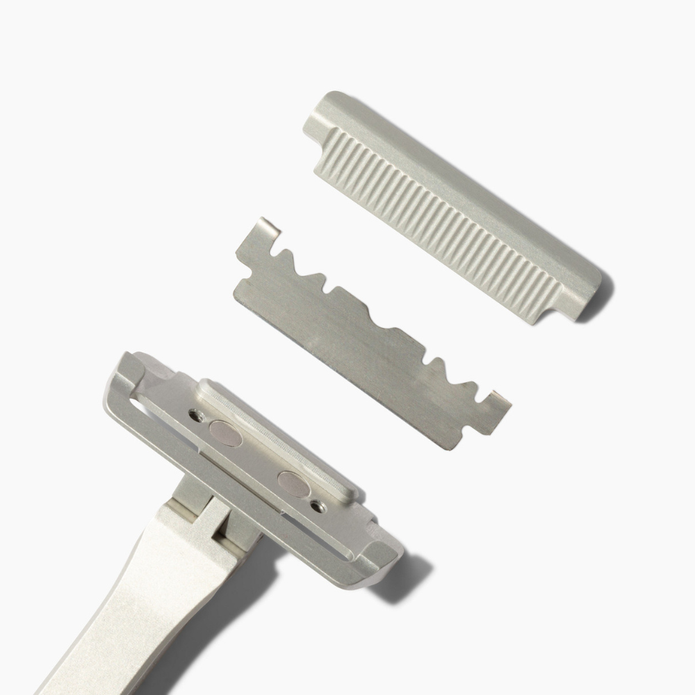Pacific Shaving Company/Proof Collab Safety Razor exploded view on a white background.