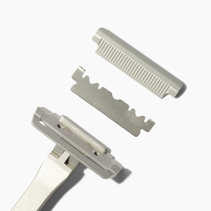Pacific Shaving Company/Proof Collab Safety Razor exploded view on a white background.