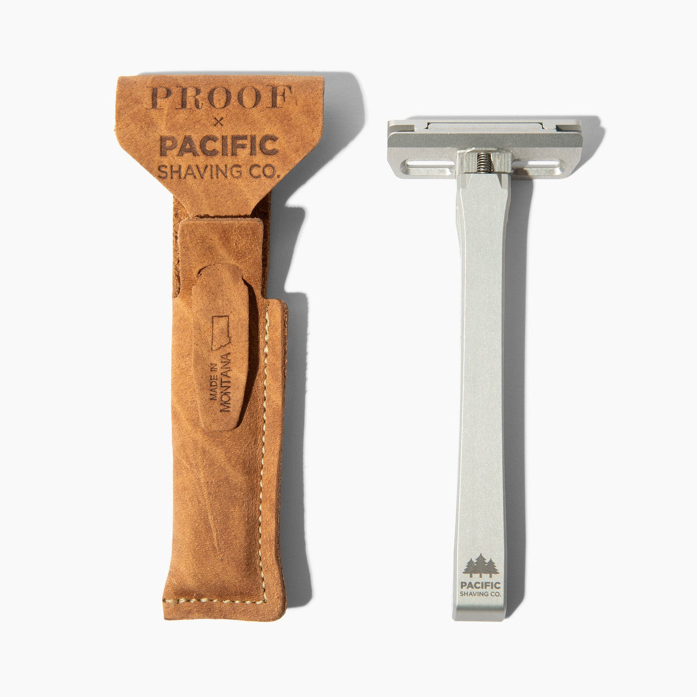 Paciifc Shaving Company x Proof Custom Razor with Leather Carrying Case on a white background