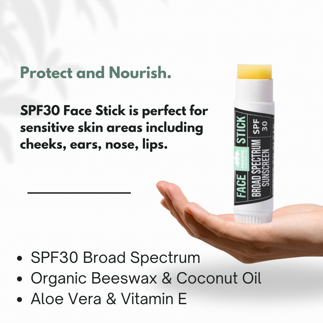 SPF30 Face Stick with benefits text on a white background