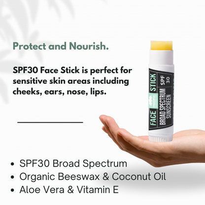 SPF30 Face Stick with benefits text on a white background