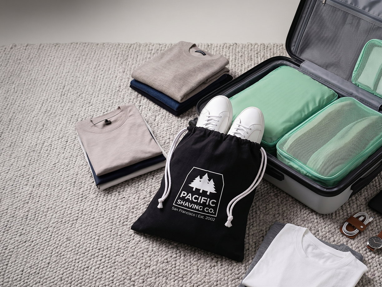 Packing process with clothes, shoes, and a Pacific Shaving Company Travel Bag.