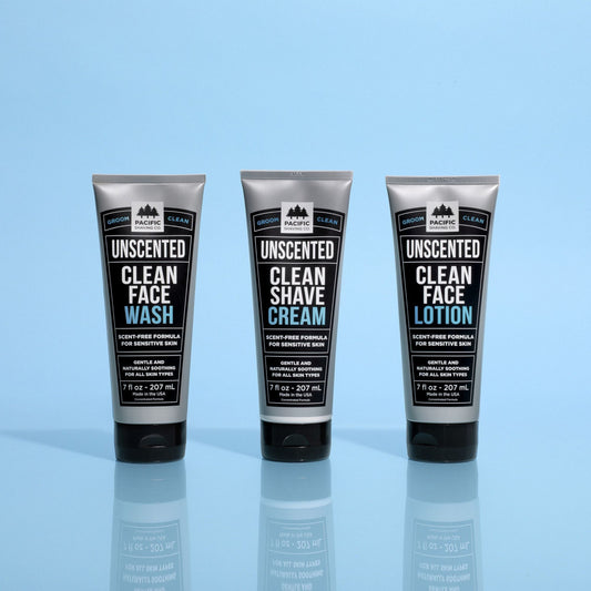 Three Tubes of Pacific Shaving Company's Clean Unscented Shave Regimen-Shave Cream, Face Wash, Face Lotion
