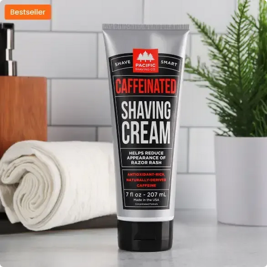 caffeinated shaving cream on bathroom counter